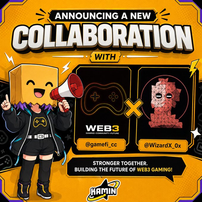 Announcement of a new collaboration between KAMIN and Web3 gaming, featuring the WEB3 logo (@gamefi_cc) and WizardX (@WizardX_0x) with the tagline 'Stronger Together. Building the Future of Web3 Gaming!'