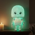 A glowing, translucent figure of a turtle illuminated in blue-green light sits on a dark surface next to a lit candle.