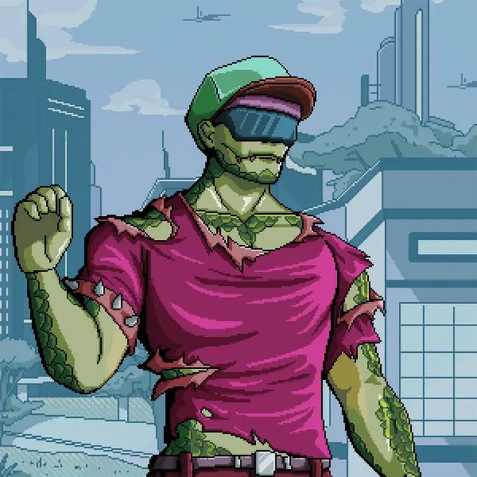 Pixel art of a green-skinned zombie-like character wearing a backward cap, futuristic sunglasses, and a tattered pink shirt, standing in a futuristic city.