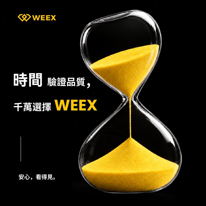 An advertisement for WEEY featuring a glass hourglass with golden sand flowing, accompanied by Chinese text "時間驗證品質, 千萬選擇 WEEY" and "安心, 看得見."