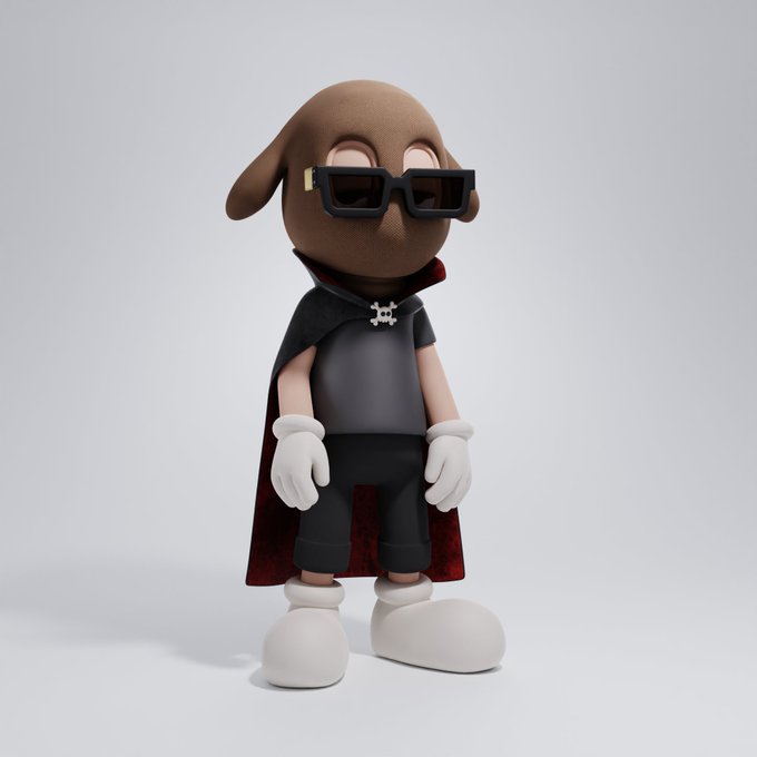 A 3D rendered character featuring a brown dog-like head wearing black sunglasses, a black cape with skull clasp, white gloves, and large white shoes.