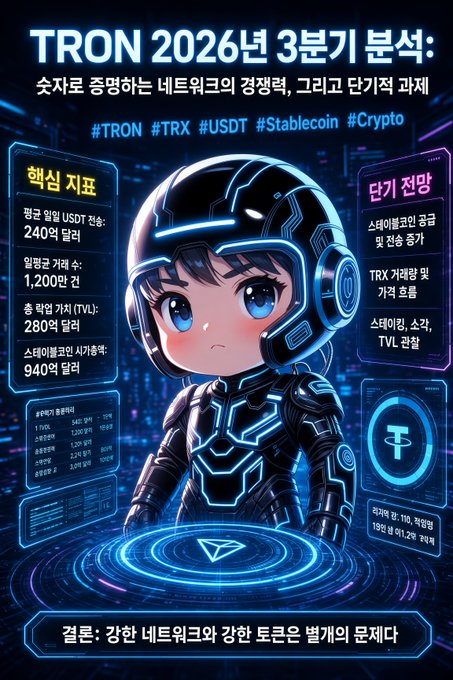 A TRON 2026 Q3 analysis infographic with an anime-style character in a futuristic helmet, displaying Korean text about key indicators (USDT transfer rate 240/s, account growth 12M, TVL $28B, staking APY 9.4%) and a conclusion praising the strong network.