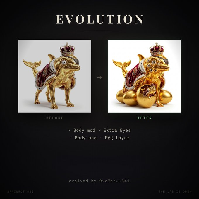 An 'EVOLUTION' graphic showing a 'BEFORE' and 'AFTER' comparison of a golden crowned frog statue, with the evolved version featuring extra eyes and an egg layer body mod, labeled 'BRAINROT #40' and 'evolved by 0xe7ed...1541'.