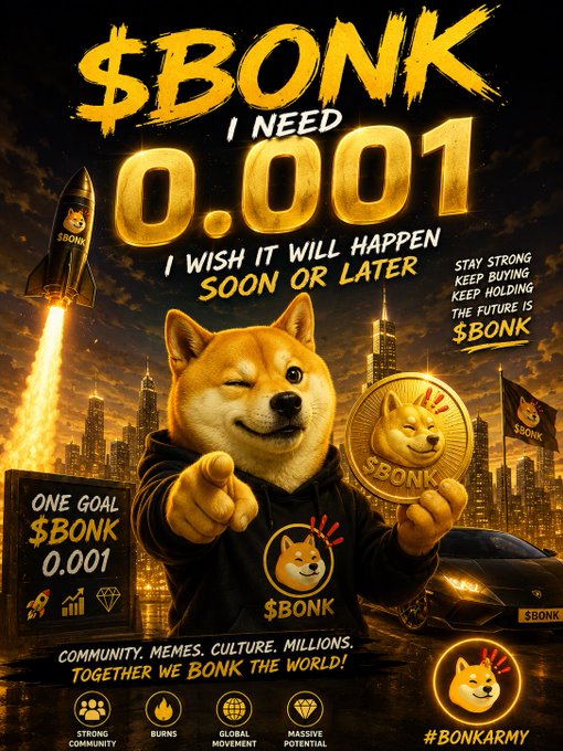 A Shiba Inu mascot in a "$BONK" hoodie stands triumphantly in a cityscape, holding a golden $BONK coin and pointing forward, with a rocket and Lamborghini in the background. Bold text declares "$BONK I NEED 0.001 — I WISH IT WILL HAPPEN SOON OR LATER," along with slogans like "STAY STRONG, KEEP BUYING," "ONE GOAL $BONK 0.001," and "TOGETHER WE $BONK THE WORLD," visually reinforcing the post's hopeful push for the $BONK meme coin to reach the 0.001 price target.