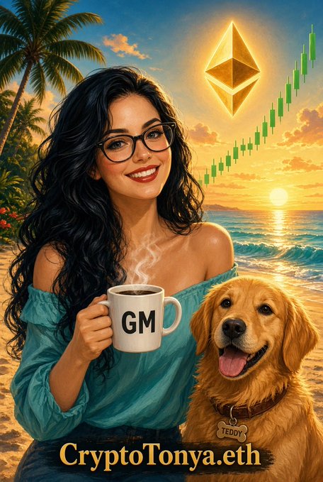 A digital illustration of a smiling woman with dark hair and glasses holding a 'GM' coffee mug on a beach, alongside a golden retriever with a 'TEDDY' tag, with an Ethereum logo, rising green chart, and 'CryptoTonya.eth' text.