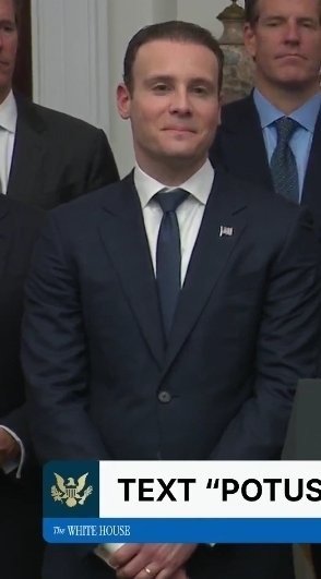 A man in a dark suit and blue tie standing in what appears to be the White House, with a caption banner reading 'TEXT "POTUS"' alongside the White House seal.