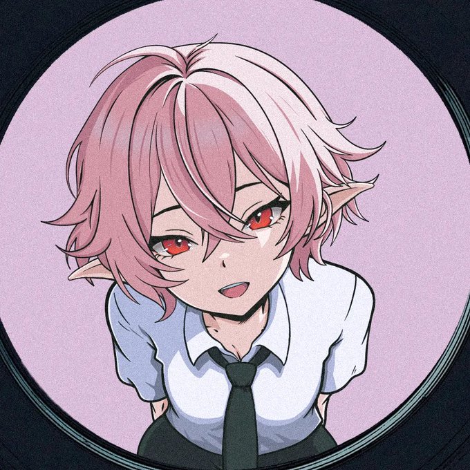 An anime-style illustration of a character with short pink hair, pointed elf-like ears, and red eyes, wearing a white shirt and black tie, set against a pink circular background.