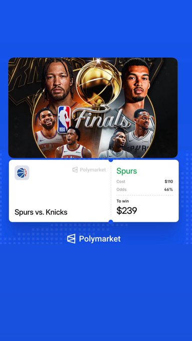 The image depicts an advertisement featuring two basketball players from the NBA, one being the Spurs while the other was the Knicks. The advertisement is set against a blue background with black text. It reads "NBA Finals – Game 3". The post showcases the game's result, which is that the Spurs won by 0-2 points. The commentary on this post mentions how teams respond to such opportunities in the games and their performances during crucial moments.