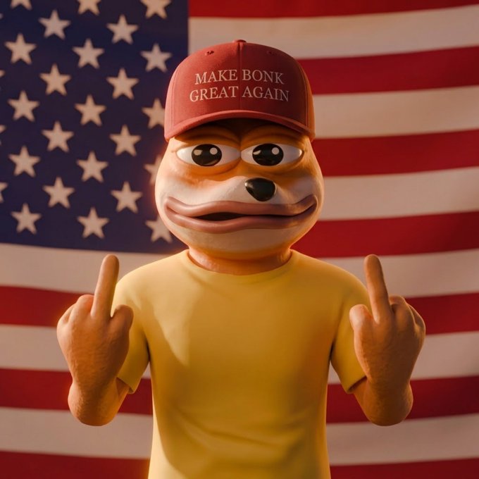 An animated dog-like character wearing a yellow shirt and a red "MAKE BONK GREAT AGAIN" hat gestures with both middle fingers in front of an American flag.