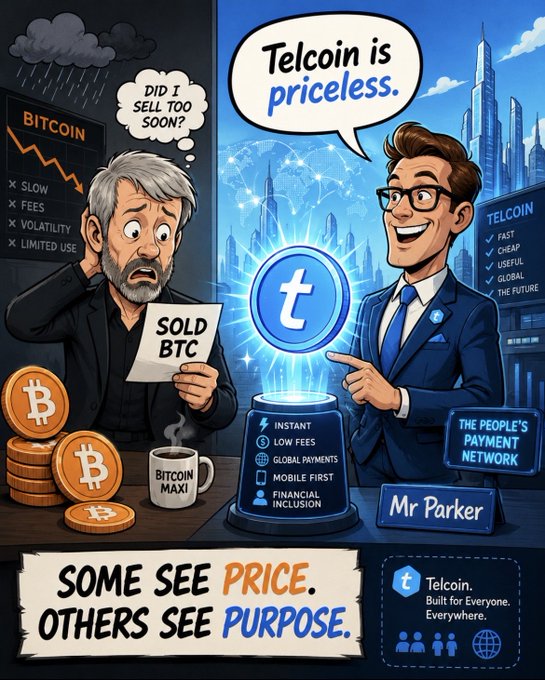 The image features a cartoon man wearing glasses with a suit standing near some stacks of Bitcoins, suggesting he may be involved in Bitcoin trading or selling. The post suggests that the price for Bitcoin is low, which could lead to potential gains if invested at the right time. This message implies the viewer should pay attention and understand how this particular event impacts others as well.