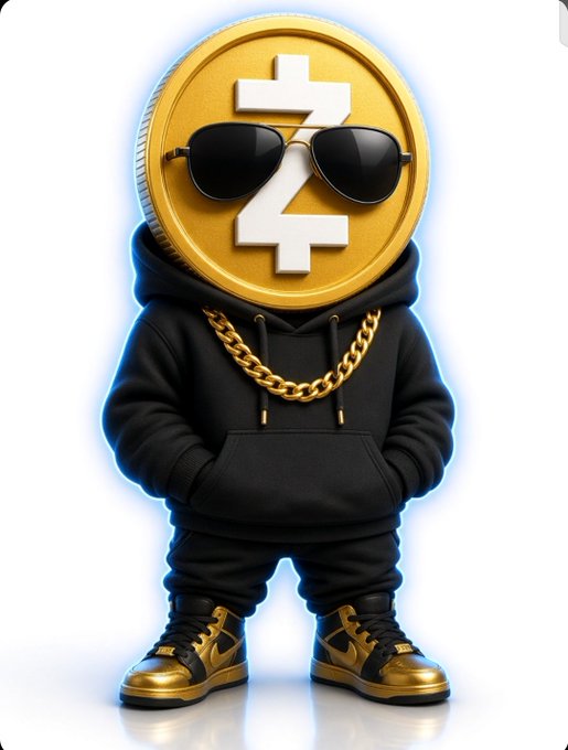 3D-rendered cartoon character with a large gold Zcash cryptocurrency coin for a head, wearing black sunglasses, a black hoodie with gold chain, and gold and black sneakers.