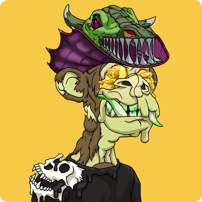 A cartoon illustration of a grotesque creature with a green monster head, bulging golden eyes, sharp fangs, and a tattered brown mane, holding a white skull against a yellow background.