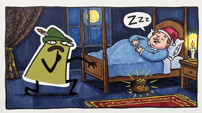 A cartoon illustration shows a grumpy green scroll-like character in a feathered hat sneaking toward a sleeping man in a nightcap, with a pot of gold glowing at the foot of the bed and a 'Zzz' speech bubble.