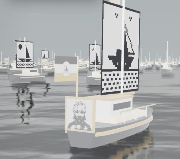 An illustration showing sailboats with pixelated sails featuring various designs, including one with a sailboat silhouette, floating on calm water in a gray-toned harbor scene.