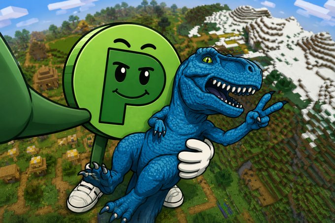 A whimsical digital illustration showing a blue T-Rex wearing sneakers and giving a peace sign while being hugged by a green mascot character, set against a Minecraft-style blocky landscape.