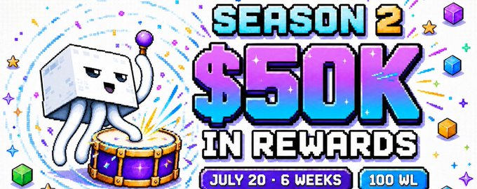 A vibrant promotional graphic advertising 'SEASON 2 $50K IN REWARDS' starting July 20 for 6 weeks, featuring a cartoon white cube character with tentacles playing a drum, with '100 WL' visible in the bottom right.
