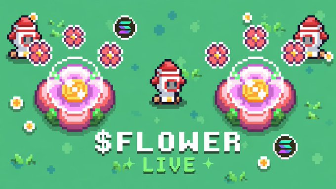A retro pixel-art graphic featuring rockets and vibrant pink flowers against a green background displays the text "$FLOWER LIVE," visually celebrating the launch of the $FLOWER token on Solana and inviting early supporters to claim their allocation via the displayed link.