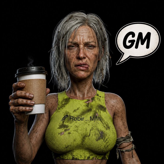 A weathered, zombie-like woman in a soiled yellow tank top holds a steaming coffee cup while a "GM" speech bubble appears beside her, with "Robir...Mffs" text on her shirt referencing the tagged @ROBINMILFSNFTS collection—visually matching the post's morning greeting to the NFT community.