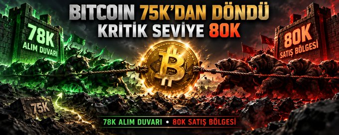 A Turkish-language Bitcoin market thumbnail reading 'BITCOIN 75K'DAN DÖNDÜ KRİTİK SEVİYE 80K', depicting a tug-of-war battle between a green '78K ALIM DUVARI' (buy wall) and red '80K SATIŞ BÖLGESİ' (sell zone).
