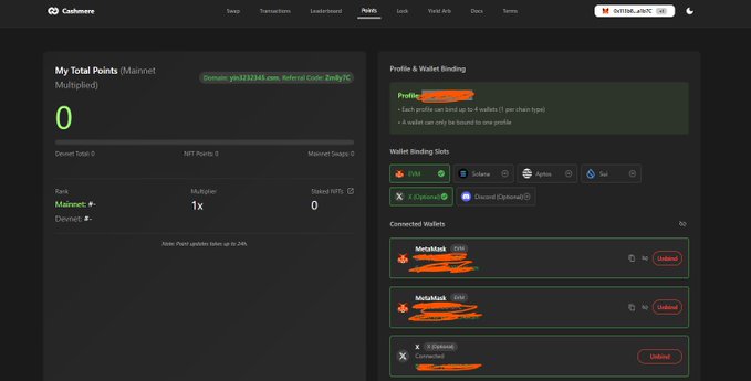A screenshot of the Cashmere exchange dashboard showing a "My Total Points" section with 0 points for the Mainnet, alongside a "Profile & Wallet Binding" panel featuring an unlinked profile (0 points from profile), with connected wallets including MetaMask and Crypto.com displayed but marked as "Unbinded." The image illustrates a user's empty participation status on the Cashmere platform, supporting the post's call for users to register and bind wallets/execute transactions to qualify for an airdrop.