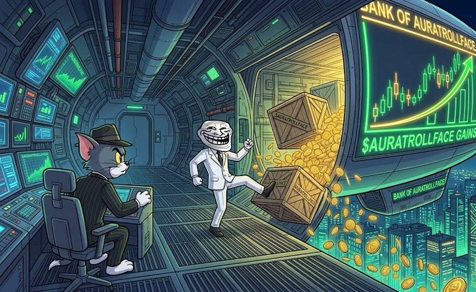 Crypto-themed cartoon featuring Tom from Tom and Jerry alongside a Trollface character next to a 'BANK OF AURATROLLFACE' with green charts and piles of gold coins.