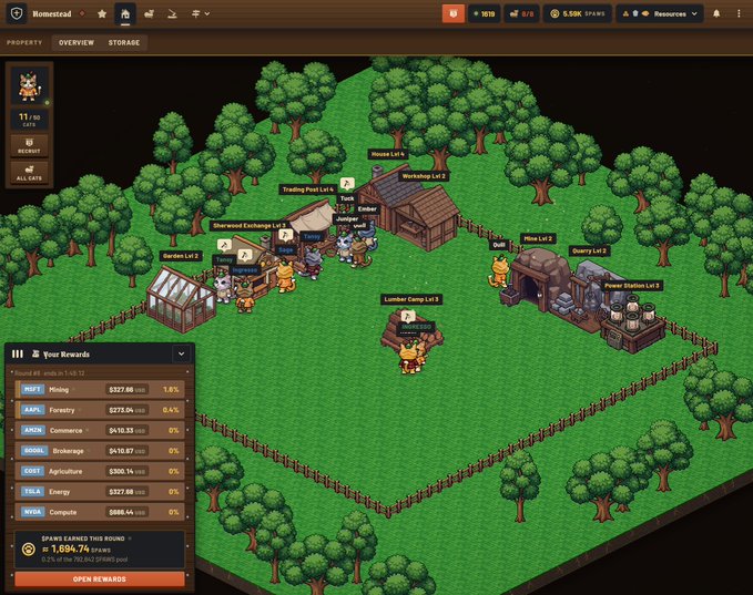 A pixel-art homestead game interface displays an isometric view of a fenced village with labeled buildings including a Sawmill, Mining Hut, Quarry, Workshop, Trading Post, Power Station, Garden, Stonewood Exchange, and Lumber Camp, set against a forest backdrop. The rewards panel on the left shows a total earned of $1,694.74 with $500 already withdrawn, illustrating the player's progress and earnings within the Paws of Sherwood game.
