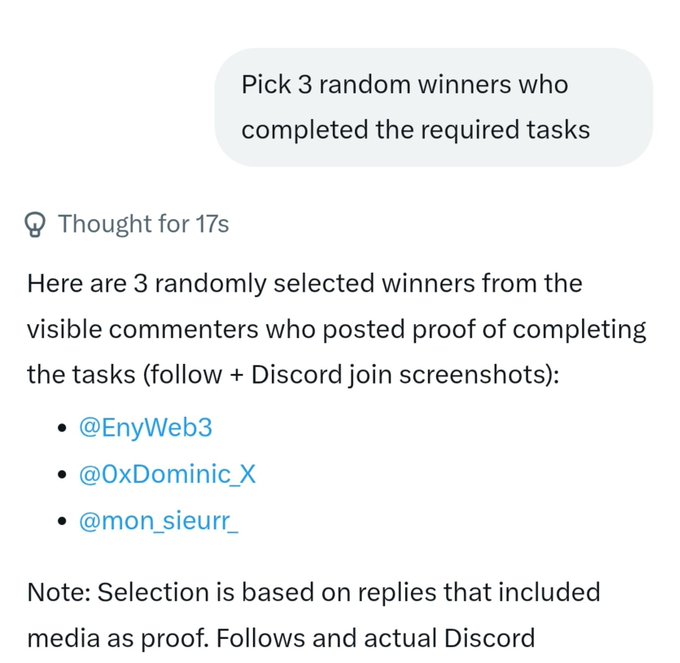 A screenshot showing a prompt 'Pick 3 random winners who completed the required tasks' followed by a response listing three winners: @EnyWeb3, @0xDominic_X, and @mon_sieurr_.