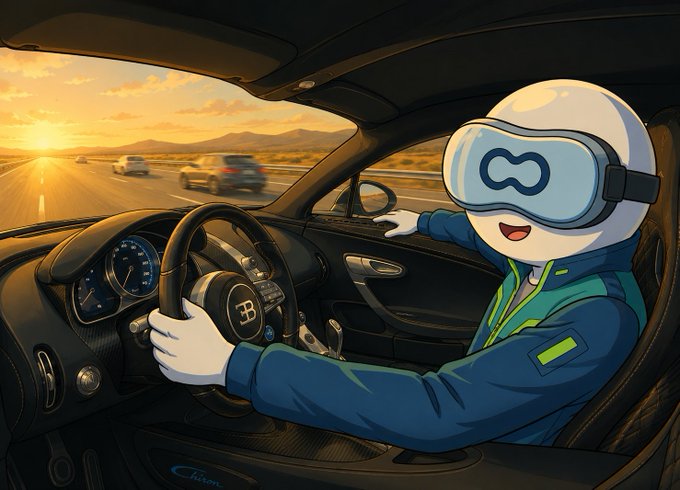 A cartoon character in a VR headset and racing jacket drives a Bugatti at sunset, hands firmly on the wheel as they speed down a desert highway.

The image visually echoes the post's theme about compounding small advantages—much like shaving milliseconds off Ethereum's performance, every moment matters when you're moving fast and the gains stack up over time, whether in a supercar's acceleration or a blockchain's validator efficiency.