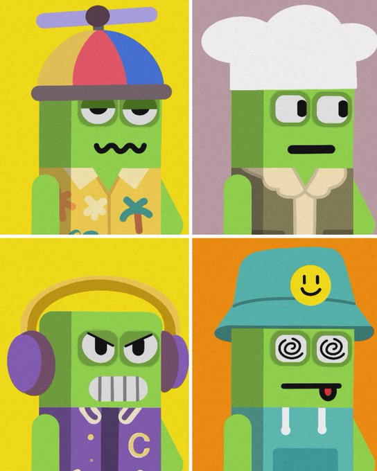The image is a four-panel illustration of blocky green characters wearing different hats (a propeller cap, chef hat, bucket hat, and bucket hat with headphones), each with distinct expressions. No visible text appears in the image itself.

The post announces that "BIT Bunkos" collaborations are open for 24 hours, inviting DMs and wallet drops for whitelist access—and the four unique character designs likely represent the different NFT traits or styles featured in the BIT Bunkos collection.