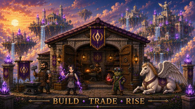 A blacksmith, sorceress, and goblin merchant stand before a rustic workshop as a winged unicorn rests nearby, with floating kingdoms and waterfalls in the background, capturing the fantasy RPG world of Shivo. The text "BUILD ◆ TRADE ◆ RISE" is displayed at the bottom, reinforcing the game's core gameplay loop of building a workshop, trading goods, and rising to the top of the seasonal leaderboard.