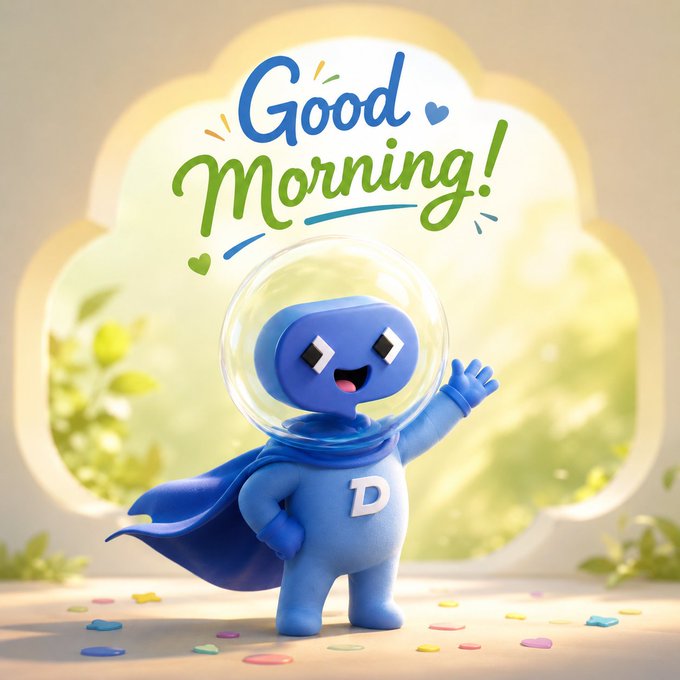 A 3D-rendered blue cartoon character wearing a cape and a 'D' on its chest waves from inside a bubble, with the text 'Good Morning!' displayed above.