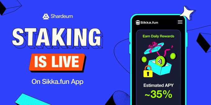 A promotional graphic announces that staking is live on the Sikka.fun app for Shardeum (SHM), displaying a phone screen featuring an "Earn Daily Rewards" section with an estimated APY of approximately 35%.
