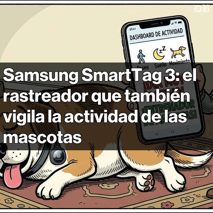 An article header in Spanish reads 'Samsung SmartTag 3: el rastreador que también vigila la actividad de las mascotas' over an illustration of a dog wearing a tracker collar.