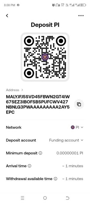 A screenshot of the OKX cryptocurrency exchange showing a "Deposit PI" page with a QR code and wallet address, displaying a remarkably low minimum deposit of 0.00000001 PI alongside network and account details. The image directly supports the post's message by highlighting Pi's tiny minimum deposit requirement compared to Bitcoin's on the same platform.