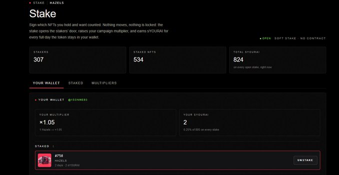 A dark-themed cryptocurrency dashboard interface for 'STAKE HAZELS' showing statistics: 307 Stakers, 534 Staked Hazels, 824 Total $YOURAI, with the user's Multiplier at x1.05 and Staked at #758.