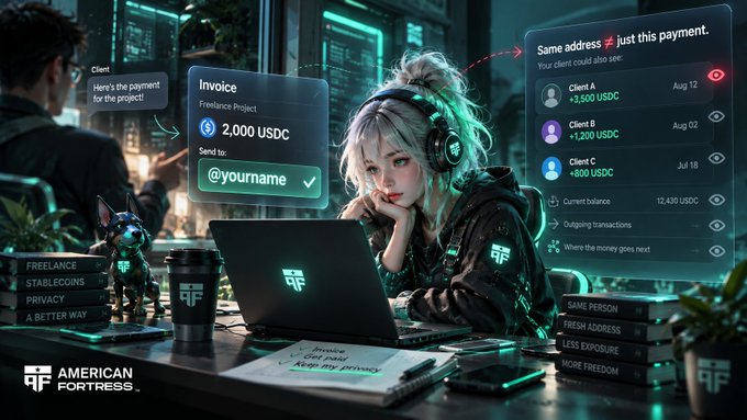 An American Fortress (AFI) promotional image showing an anime-style freelancer character using their payment platform, with features highlighted including Freelance, Stablecoins, Privacy, Same Person, Fresh Addresses, Less Exposure, and More Freedom.