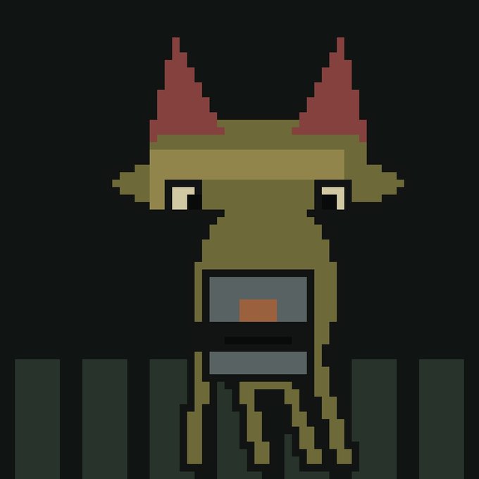 A pixel art illustration features a green creature with red horns and blue rectangular markings on its face, set against a black background with dark green vertical bars at the bottom. The mysterious, monster-like character complements the NFT giveaway promotion, with no visible text in the image itself.
