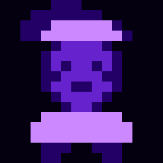 urn of purple liquid with a white face and hat, set against a black background.