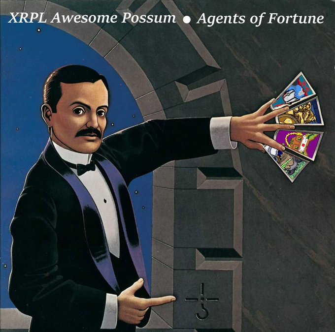 Album cover art showing a man in a tuxedo holding up a fan of colorful cards, with the text 'XRPL Awesome Possum • Agents of Fortune'.