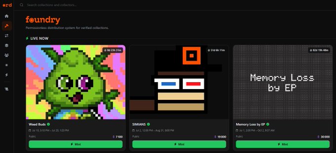 A screenshot of the 'feundry' website, a permissions distribution system for verified collections, showing live NFT drops including 'Weed Buds', 'SIMIANS', and 'Memory Loss by EP'.