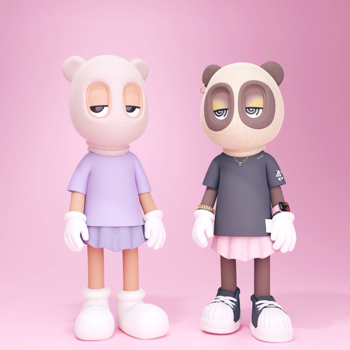 Two 3D-rendered cartoon figures with animal-like hoods (one pink bear, one panda) wearing outfits and gloves against a pink backdrop.