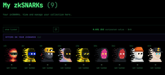 A dark webpage interface titled 'My zkSNARKs (?)' featuring a row of pixel-art character icons and what appears to be submission instructions.