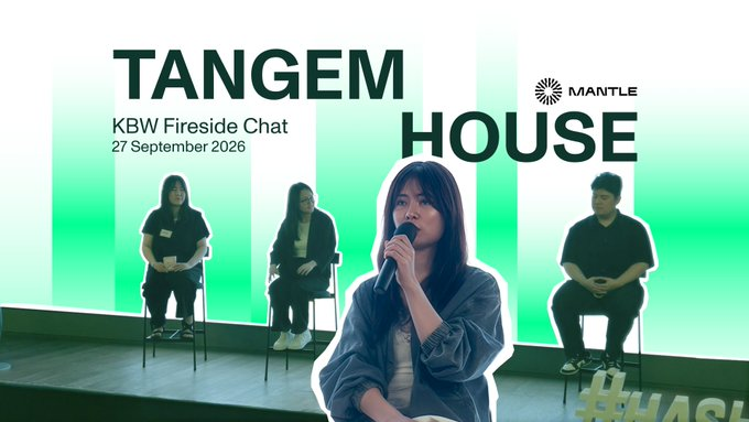 A promotional graphic for 'TANGEM HOUSE' featuring a 'KBW Fireside Chat' on 27 September 2026 with 'MANTLE', showing a woman holding a microphone and three other panelists seated behind her against a green backdrop.