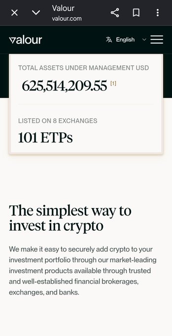 A screenshot of the Valour website displaying 'TOTAL ASSETS UNDER MANAGEMENT USD 625,514,209.55' and 'LISTED ON 8 EXCHANGES 101 ETPs', with the headline 'The simplest way to invest in crypto.'