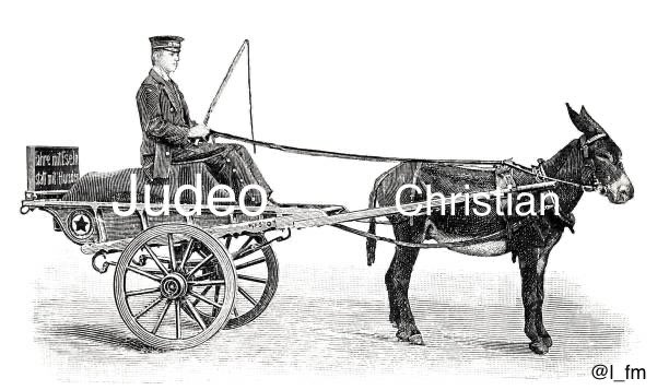 A black-and-white historical illustration shows a uniformed man riding a two-wheeled donkey cart, with a horse harnessed in front. Large overlaid text reads “Judea” and “Christian,” and a small sign on the rear of the cart includes the phrase “DONATIONS” and “For Palestine,” reflecting the post’s point about Christian fundraising connected to Zionist coin efforts in Judea.