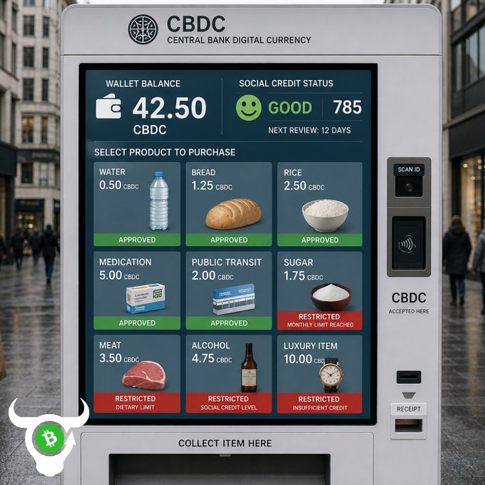 The image features a vending machine with a screen displaying various products such as bread, meat, and alcohol. The text "How good is your social credit? If you don' t want this, try permissionless money." suggests that there might be an issue related to the vending machine's payment system or the user's social credit score.

The image also shows a city street with people walking by, indicating that it could be taking place in an urban setting.