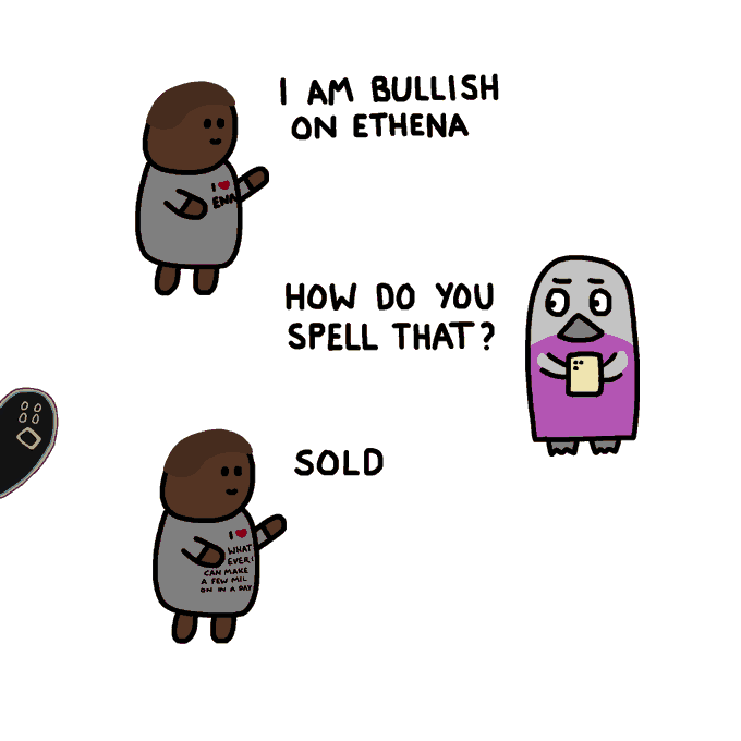 A cartoon meme showing two characters where one says 'I AM BULLISH ON ETHENA,' the other asks 'HOW DO YOU SPELL THAT?' and the first responds 'SOLD.'