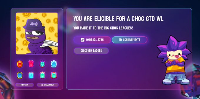 A digital badge display shows user "OXBAD_5786" eligible for a "CHOG GTD WL" whitelist achievement, featuring a purple cartoon frog NFT character and colorful gem badges, aligning with the post's giveaway announcement for @1stBenjaNAD.