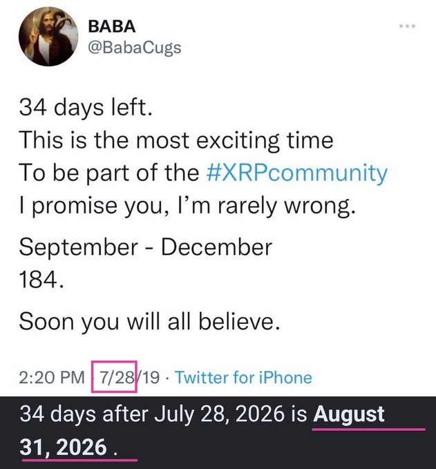 A tweet from @BabaCugs posted on 7/28/19 predicts "34 days left" for an XRP community event in September-December, with a calculator note confirming July 28 + 34 days = August 31, 2026, tying into the post's "Christmas in (AU)gust" reference.