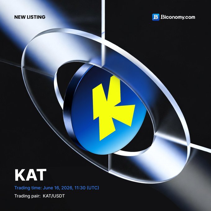 The image features a logo for a cryptocurrency called @KAT. The logo consists of a blue circle with a yellow lightning bolt inside, symbolizing the cryptocurrency's lightning-fast transactions. Below the logo, there are details about the trading pair, including the name of the cryptocurrency and the date it was launched. The post also mentions that the #KAT spot trading pair will be available at 11:30 on June 16, 2026 (UTC).